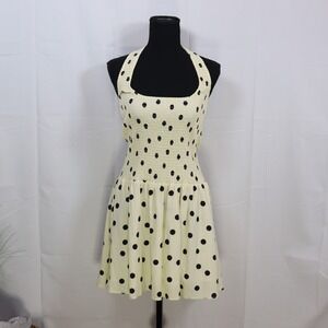Loucia Halter Polka Dot Dress M‎ Yellow Womens Smocked Retro Summer